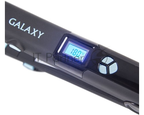 Щипцы для волос Galaxy GL 4505, голубой, 65 Вт, нагревательный элемент с защитой от перегрева, сменные пластины с керамическим покрытием: 89*27,5 мм и 89*57 мм, ЖК-дисплей с индикацией температуры, регулятор температурных режимов, шнур питания, вращающий
