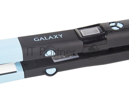 Щипцы для волос Galaxy GL 4505, голубой, 65 Вт, нагревательный элемент с защитой от перегрева, сменные пластины с керамическим покрытием: 89*27,5 мм и 89*57 мм, ЖК-дисплей с индикацией температуры, регулятор температурных режимов, шнур питания, вращающий