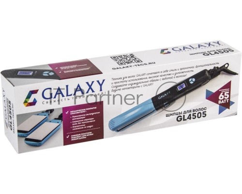 Щипцы для волос Galaxy GL 4505, голубой, 65 Вт, нагревательный элемент с защитой от перегрева, сменные пластины с керамическим покрытием: 89*27,5 мм и 89*57 мм, ЖК-дисплей с индикацией температуры, регулятор температурных режимов, шнур питания, вращающий