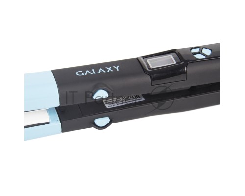 Щипцы для волос Galaxy GL 4505, голубой, 65 Вт, нагревательный элемент с защитой от перегрева, сменные пластины с керамическим покрытием: 89*27,5 мм и 89*57 мм, ЖК-дисплей с индикацией температуры, регулятор температурных режимов, шнур питания, вращающий