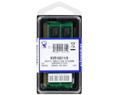 Модуль памяти Kingston SO-DIMM DDR3 8Gb 1600MHz  KVR16S11/8 RTL PC3-12800 CL11  204-pin 1.5В