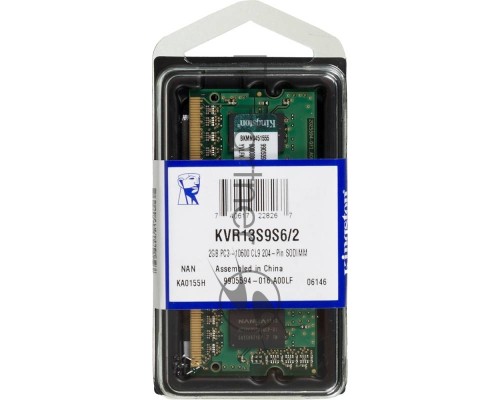 Модуль памяти Kingston SO-DIMM DDR3 2Gb 1333MHz Kingston KVR13S9S6/2 RTL PC3-10600 CL9  204-pin 1.5В