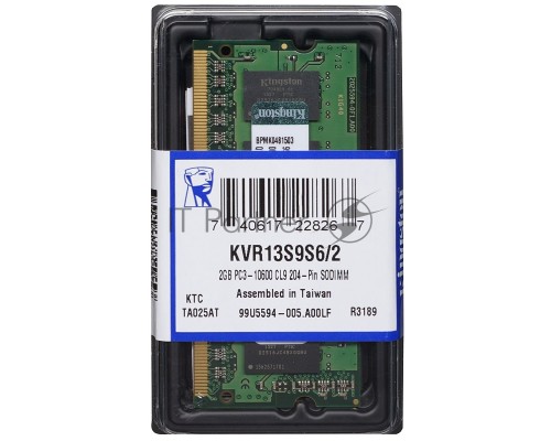 Модуль памяти Kingston SO-DIMM DDR3 2Gb 1333MHz Kingston KVR13S9S6/2 RTL PC3-10600 CL9  204-pin 1.5В