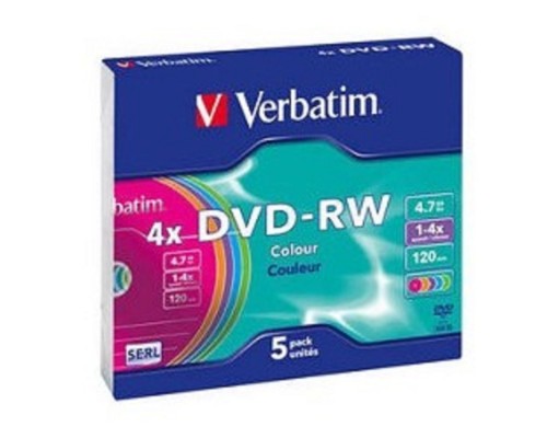 [Диск] Verbatim  Диск DVD-RW 4x, Colour, Slim, 5шт,(43563)