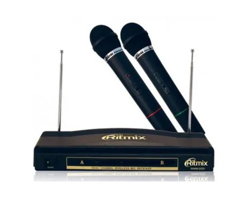 [Наушники, микрофоны RITMIX] RITMIX RWM-220 {2 микрофона: 87.5 МГц - 92 МГц; раб. частоты: 100 Гц - 10 000 Гц;Чувств.: -30 дБ +/-3 дБ; пит. системы: AC 220 в  / 500 мА}