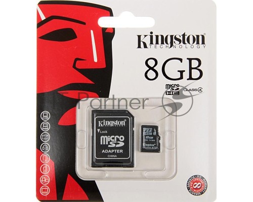 Флеш карта microSDHC 8Gb Class4 Kingston SDC4/8Gb + adapter