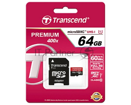Флеш карта microSDXC 64Gb Class10 Transcend TS64GUSDU1 + adapter