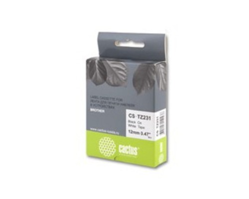 [расходные материалы] CACTUS  TZ-231 Лента CACTUS (CS-TZ231) для печати наклеек в устройствах brother P-touch 1010/1280/1280VP/2700VP, черный на белом, 12мм х 8м