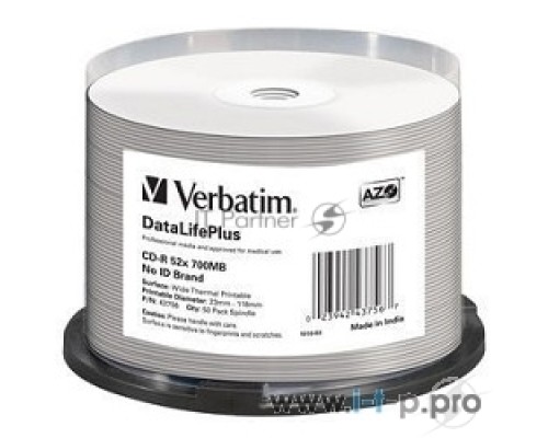 Диск CD-R Verbatim 700Mb 52x Cake Box (50шт) Printable (43756)
