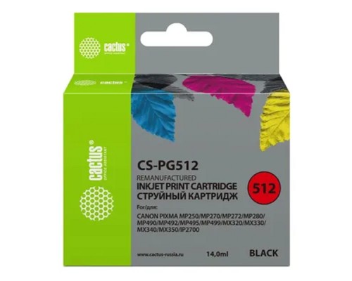 [расходные материалы] Cactus PG-512 Картридж для Canon PIXMA MP240/ MP250/MP260/ MP270/ MP480/ MP490/ MP492/MX320/ MX330, черный, 14 мл