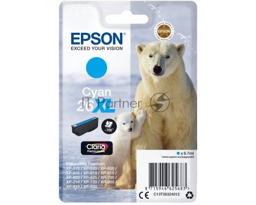 Картридж струйный Epson (C13T26324012/C13T26324010) 26XL голубой, 700 стр., для Epson XP-600/605/700/710/800