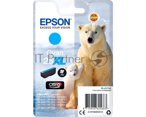 Картридж струйный Epson (C13T26324012/C13T26324010) 26XL голубой, 700 стр., для Epson XP-600/605/700/710/800