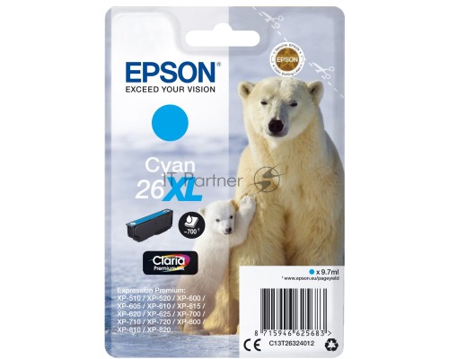 Картридж струйный Epson (C13T26324012/C13T26324010) 26XL голубой, 700 стр., для Epson XP-600/605/700/710/800