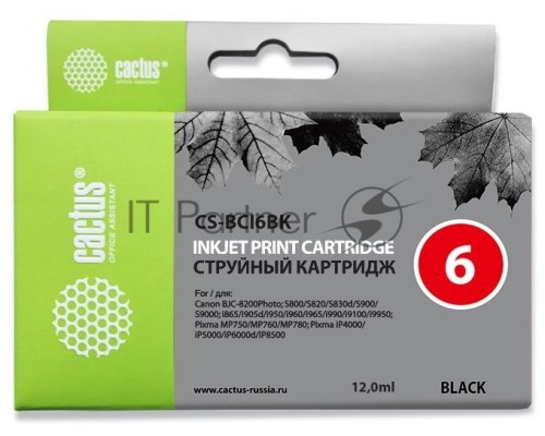 Картридж струйный Cactus CS-BCI6BK чёрный (12 мл) для Canon i905D/i950S/i960x/i965/i990/i9100