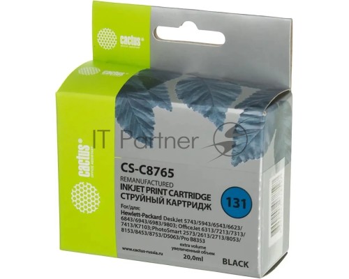 Картридж струйный Cactus CS-C8765 №131 чёрный (20 мл) для HP DJ 5743/5943/6543/6623/6843/6943/6983/9803/7213/7313/7413/K7103/PS 2573/2613/2713/8053/8153/8453/8753/D5063/Pro B8353