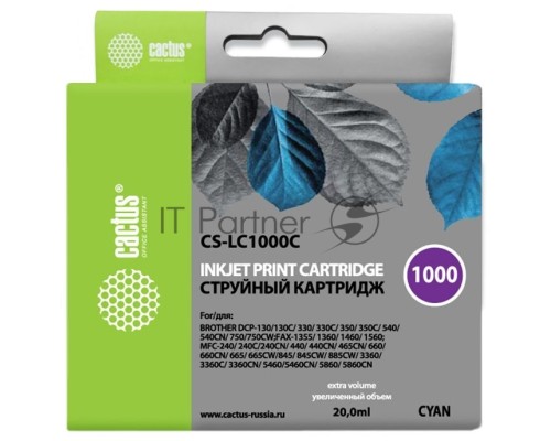 Картридж струйный Cactus CS-LC1000C голубой (20 мл) для Brother DCP 130C/ 330С, MFC-240C/ 5460CN