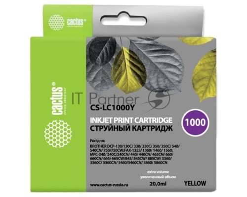 Картридж струйный Cactus CS-LC1000Y желтый (20 мл) для Brother DCP 130C/ 330С, MFC-240C/ 5460CN