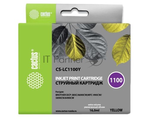 Картридж струйный Cactus CS-LC1100Y желтый (16 мл) для Brother DCP-385c/6690cw; MFC-990/5890/5895