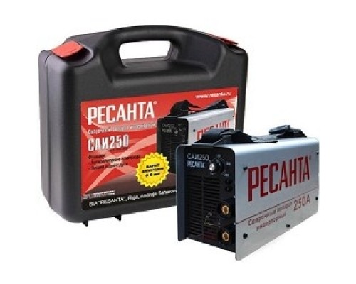[Ресанта Сварочное оборудование, Инверторы] Ресанта САИ 250 65/23 Сварочный аппарат инверторный в кейсе [65/23] {154В-242В, макс.7,7кВт, 10А-250А, ПВ 70%, напр. холостого хода 80В, напр. 29В, макс. диаметр электрода 6,мм, 5 кг}