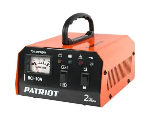 [Батареи аккумуляторные и Зарядные устройства] Зарядное устройство PATRIOT BCI-10A [650303410] {Вход.напр. 1ф - 220В ±15%; потреб.мощ 0,4 кВА; напряжен.зарядки 6/12В; ток зарядки макс. 10А; емк.бат. 10-150А/час; вес 1,3 кг.}
