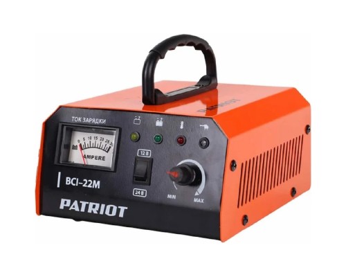 [Батареи аккумуляторные и Зарядные устройства] Зарядное устройство PATRIOT BCI-22M [650303425] {Вход.напр. 1ф - 220В ±15%; потреб.мощ 0,7/0,99 кВА; напряжен.зарядки 12/24В; ток зарядки макс. 20/15А; емк.бат. 10-400/10-270 А/ч; вес 1,4 кг.}