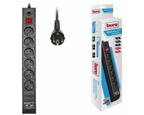 [Сетевые фильтры] BURO Сетевой фильтр, 6 розеток, 5 метров, (BU-SP5_USB_2A-B), черный (коробка) {992320}