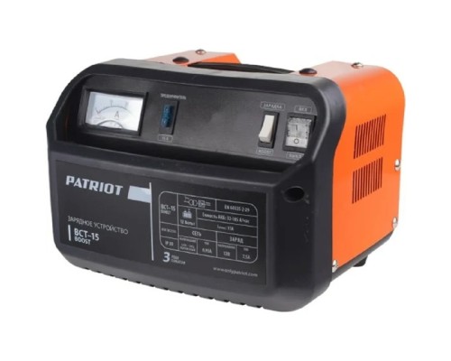 [Батареи аккумуляторные и Зарядные устройства] Заряднопредпусковое устройство PATRIOT BCT-15 Boost [650301515] {Вход.напр. 1ф - 220В ±15%, макс.мощн. 150Вт; напр.зарядки 12В, ток заряд/boost 7.5/11.0А; емк.бат. 32-105А/час, вес 4.3кг}