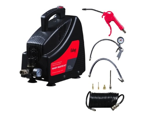 [Компрессоры] FUBAG HANDY MASTER KIT Компрессор+набор из 5 предметов  [8213690KOA607 (8213690KOA536)/646028] {Произ- водит., л/мин 180 Давле- ние, бар 8 Мощность, кВт 1.1 Напря- жение, В 220 Вес, кг 7}
