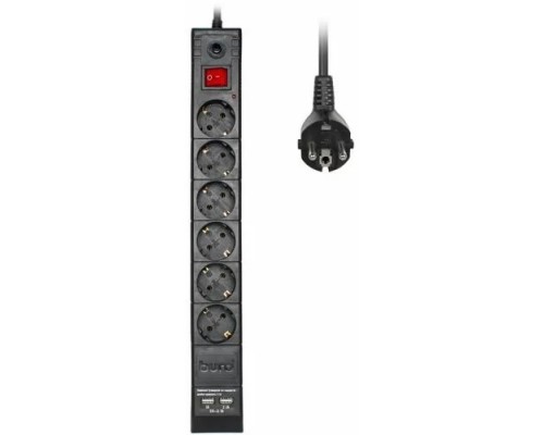[Сетевые фильтры] BURO Сетевой фильтр, 6 розеток, 1.8 метров (BURO BU-SP1.8_USB_2A-B), черный (коробка) {992310}