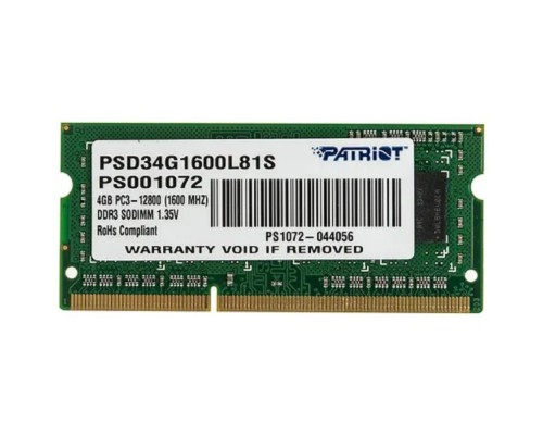 [Модуль памяти] Patriot DDR3 SODIMM 4GB PSD34G1600L81S (PC3-12800, 1600MHz, 1.35V)
