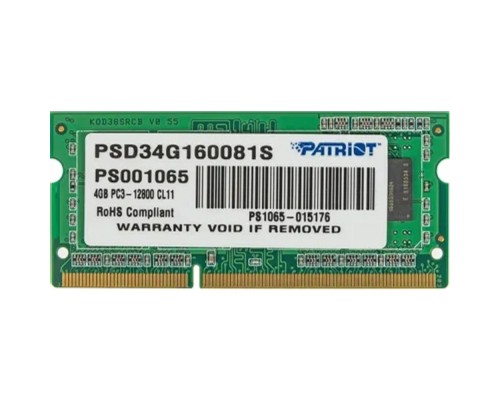 [Модуль памяти] Patriot DDR3 SODIMM 4GB PSD34G160081S (PC3-12800, 1600MHz, 1.5V)