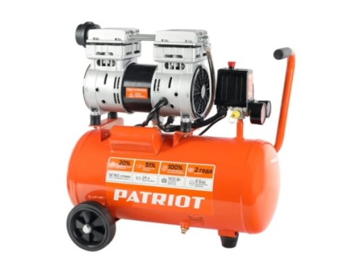 [Компрессоры, Пневматическое оборудование] PATRIOT WO 24-160 Компрессор [525306375] {Безмасляный; Мощн. 1,1 кВт; Напр. 230В Об. двиг.: 2850 об/мин; Производительность: 160 л/мин; Объем ресивера: 24 л; Давление: 8 бар}