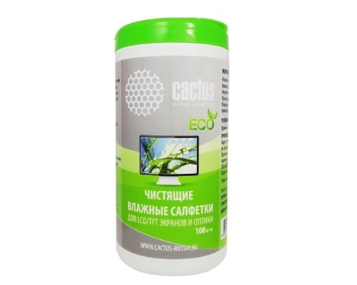 [Чистящие средства ] CACTUS Салфетки CS-T1001E для экранов и оптики туба 100шт влажных