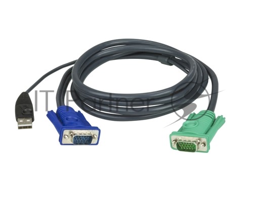 Шнур, мон+клав+мышь USB ATEN, SPHD15=>HD DB15+USB A-Тип, Male-2xMale,  8+4 проводов, опрессованный, 3 метр., черный, (2L-5203U)