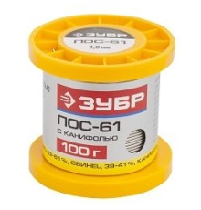 ЗУБР Припой, ПОС 61, трубка с канифолью, 100г, 1мм [55450-100-10C]