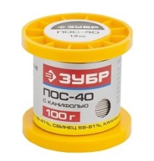 ЗУБР Припой, ПОС 40, трубка с канифолью, 100г, 1мм [55451-100-10C]