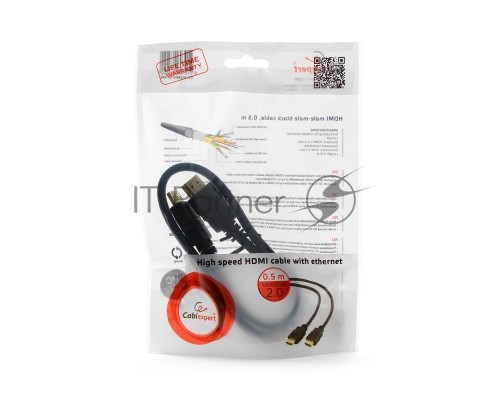 Кабель HDMI Cablexpert CC-HDMI4-0.5M, 19M/19M, v2.0, медь, позол.разъемы, экран, 0.5м, черный, пак
