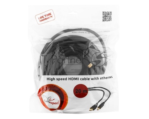 Кабель HDMI Cablexpert CC-HDMI4-20M, 19M/19M, v2.0, медь, позол.разъемы, экран, 20м, черный, пакет