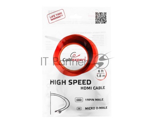 Кабель HDMI-microHDMI Cablexpert CC-HDMID-6, 19M/19M, v2.0, медь, позол.разъемы, экран, 1.8м, черный, пакет Кабель HDMI-microHDMI Cablexpert CC-HDMID-6, 19M/19M, v2.0, медь, позол.разъемы, экран, 1.8м, черный, пакет