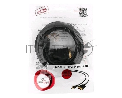Кабель HDMI-DVI Cablexpert CC-HDMI-DVI-15, 19M/19M, single link, медь, позол.разъемы, экран, 4.5м, черный, пакет