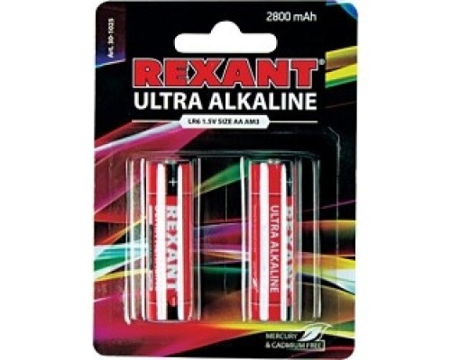[Батарейка] Rexant (30-1025) Батарейка алкалиновая ультра AA/LR6, 1,5В, 2 шт, блистер