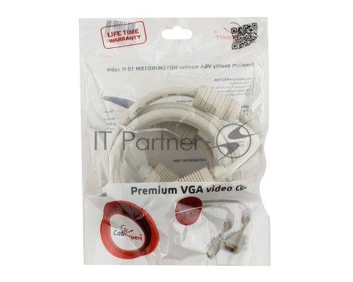 Кабель Gembird/Cablexpert CC-PPVGA-10, Кабель VGA Premium  15M/15M, 3.0м, белый, тройной экран, феррит.кольца 