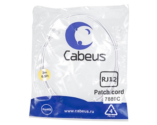 [Cabeus Патч-корды (сетевые, телефонные)] Cabeus PC-TEL-RJ12-2m Патч-корд 6p4c телефонный, 2 м, белый