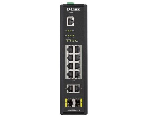 [Сетевое оборудование] D-Link DIS-200G-12PS/A1A Промышленный управляемый коммутатор 2 уровня с 10 портами 10/100/1000Base-T и 2 портами 1000Base-X SFP (8 портов с поддержкой PoE 802.3af/802.3at (30 Вт),PoE бюджет до 240 Вт)