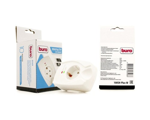 [Сетевые фильтры] BURO Сетевой фильтр, 1 розетка (100SH-PLUS-W), белый (коробка) {992330}
