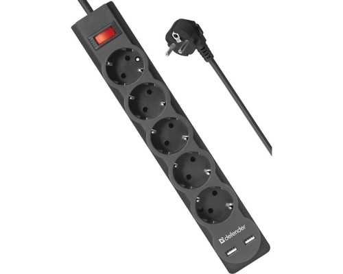 [Сетевые фильтры] Defender Фильтр DFS 755 5.0 м, 5 розеток, 2xUSB, 2.1A (99755)