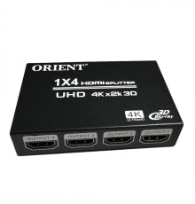ORIENT HDMI 4K Splitter HSP0104HN, 1->4, HDMI 1.4/3D, UHDTV 4K(3840x2160)/HDTV1080p/1080i/720p, HDCP1.2, внешний БП-зарядник 2xUSB 5В/2.1A, метал.корпус (30368)