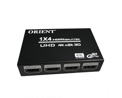 [переходник] ORIENT HDMI 4K Splitter HSP0104HN, 1->4, HDMI 1.4/3D, UHDTV 4K(3840x2160)/HDTV1080p/1080i/720p, HDCP1.2, внешний БП-зарядник 2xUSB 5В/2.1A, метал.корпус (30368)