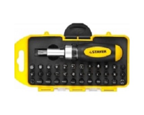 [Ручной инструмент] Отвертка реверсивная в наборе с битами, STAYER 2557-H38, Cr-V сталь, 38 предметов [2557-H38]