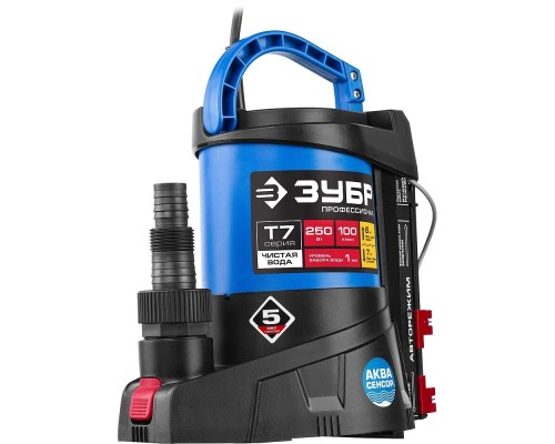 [Бензоинструмент] ЗУБР Профессионал [НПЧ-Т7-250] Насос Т7 АкваСенсор погружной { дренажный для чистой воды, 250 Вт, мин. уровень 1 мм, 100 л/мин, напор 6 м, провод 10 м }